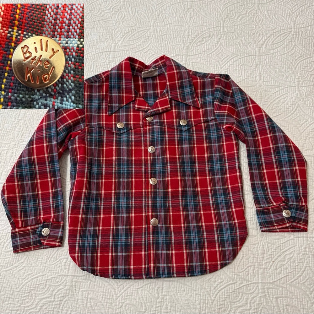 Vintage 50s 60s Billy the Kid Western‎ Snap Red Plaid Shirt Kids Youth Boys 7